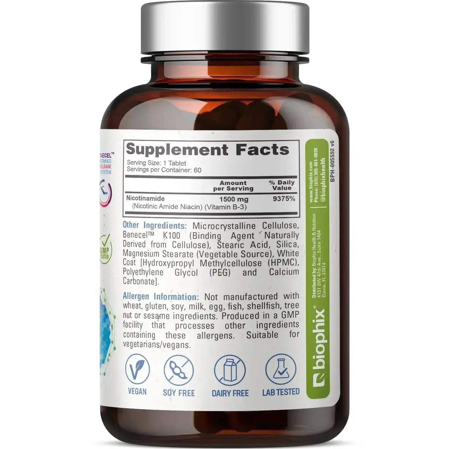 Biophix Nicotinamide Vitamin B-3 Flush Free 1500 mg 60 Sustained Release Tablets