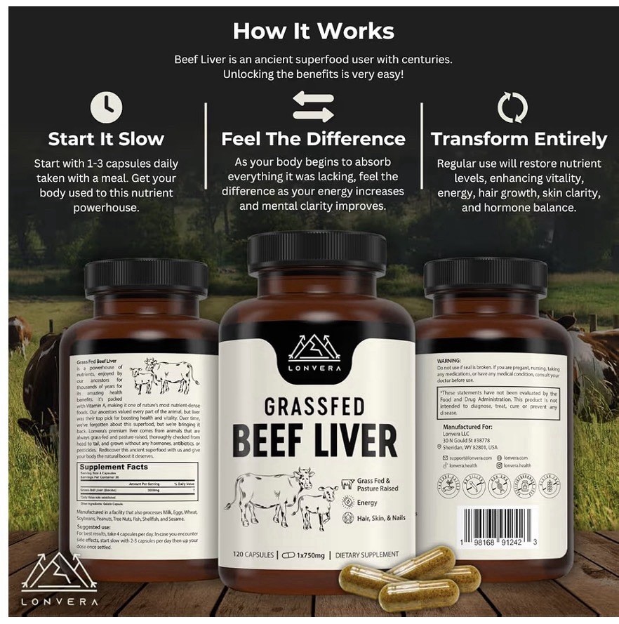 LONVERA Grass Fed Beef Liver Supplement 750 mg Capsules, 120 Count