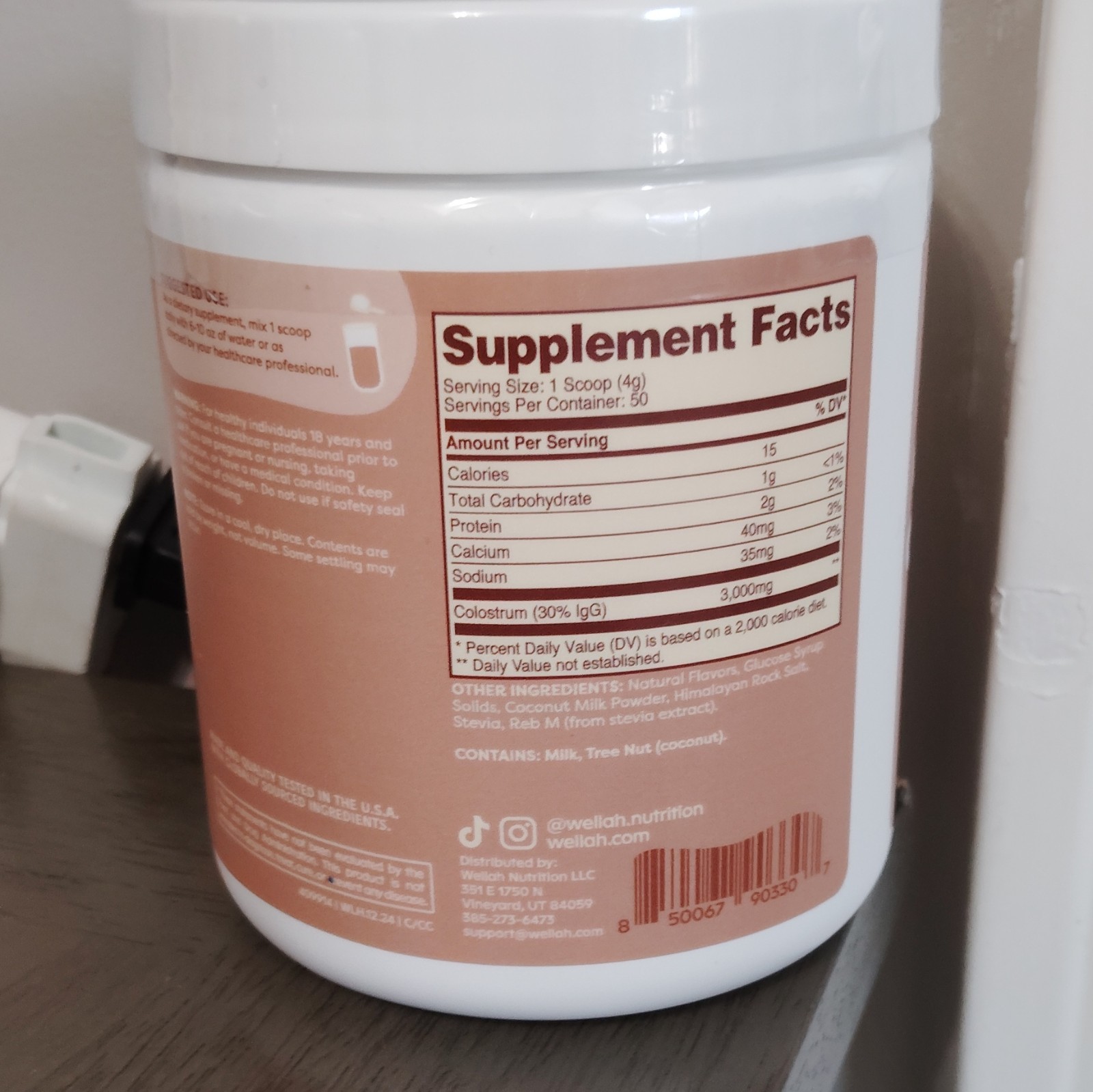 wellah Colostrum Powder Coconut Cream Flavor Sweetened w/ Stevia 7 oz 195 g