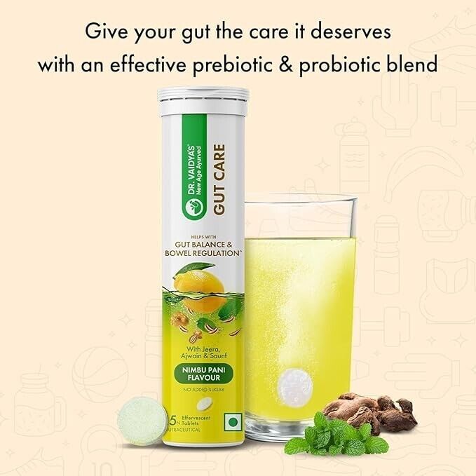 Dr. Vaidya’s Gut Care Effervescent Tablets Improves Digestion 15 Tablets.