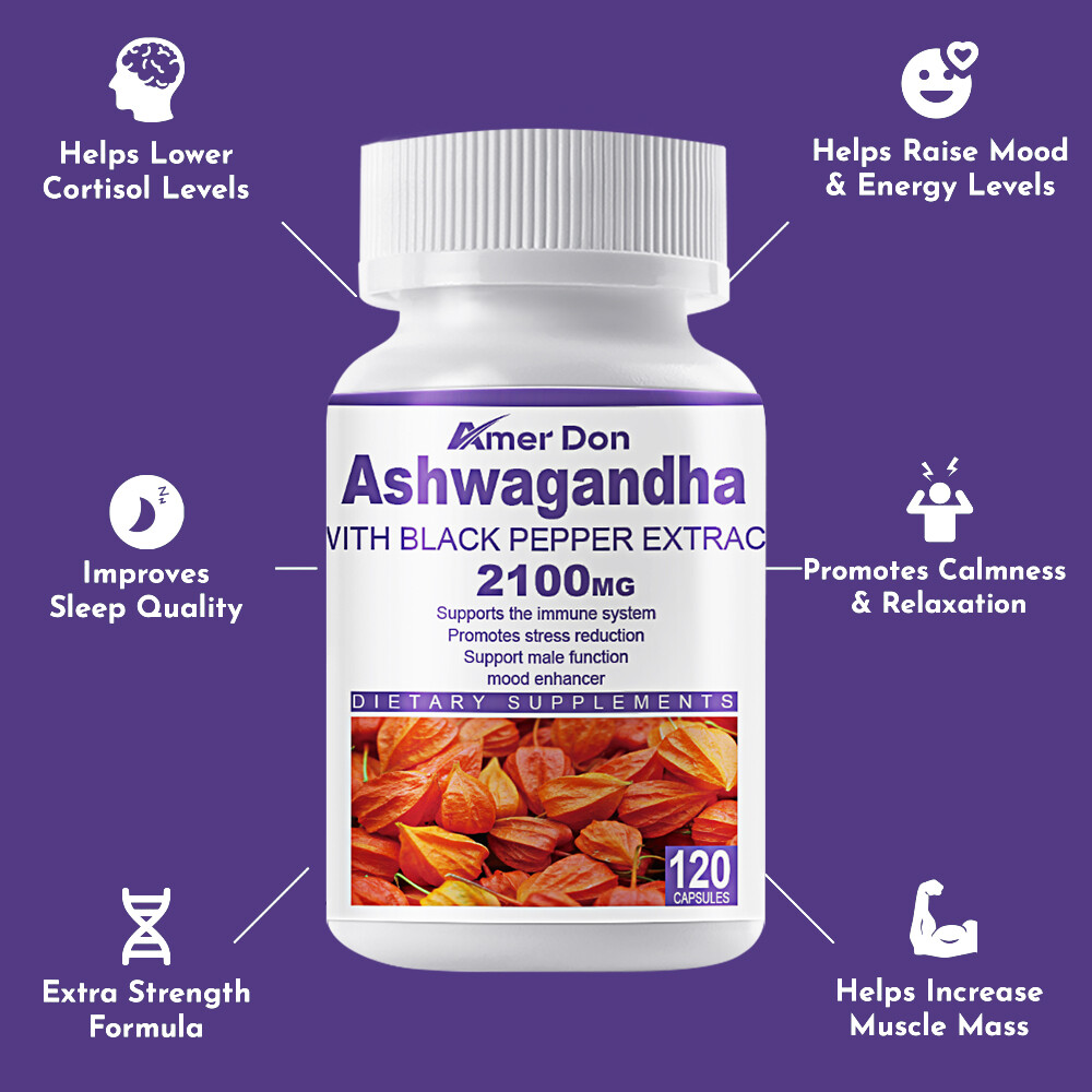 Organic Ashwagandha Capsules 2100mg Supplement&Black Pepper Root Powder 120Pcs