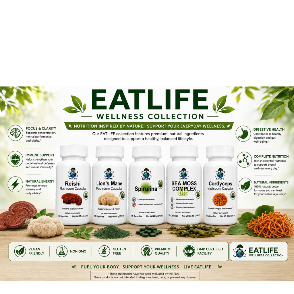 EATLIFE 5-Pack Vegan Combo Spirulina Reishi Cordyceps Sea Moss Complex