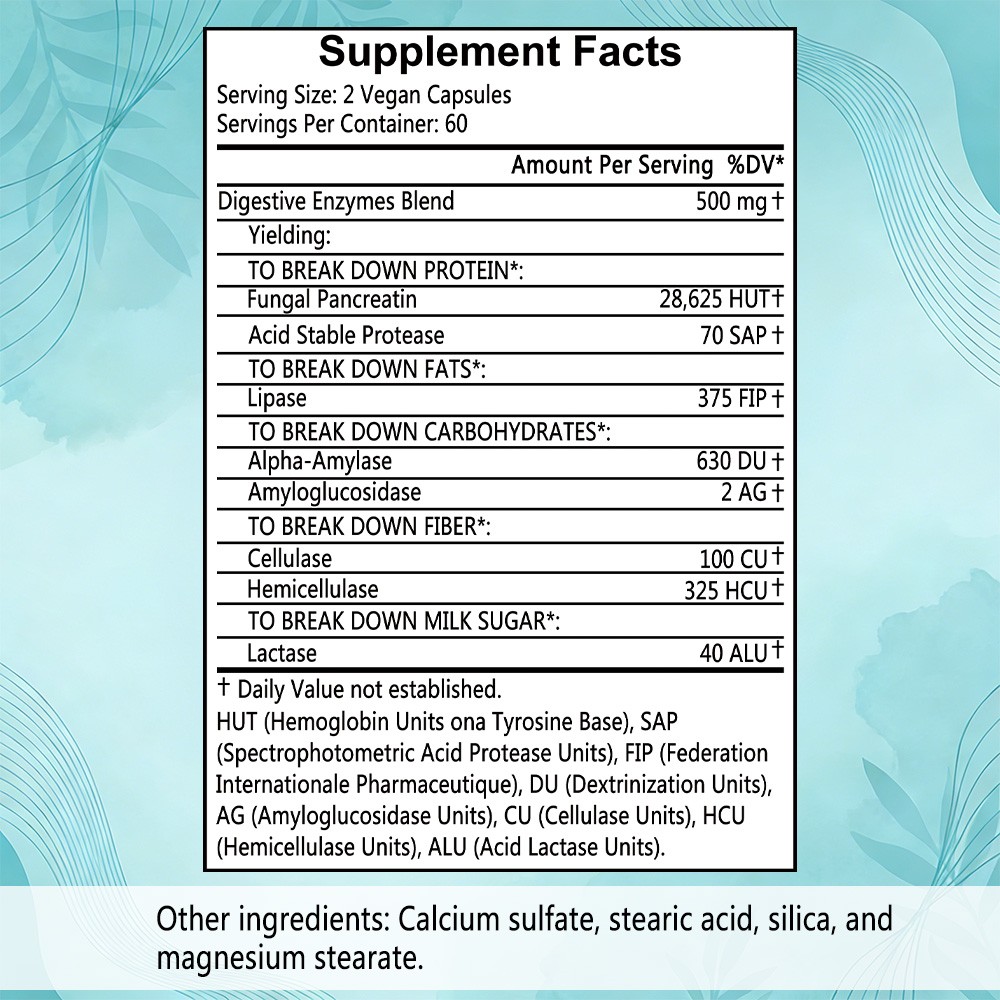 Daily Digestive Enzymes 500mg – Support for Protein, Fat, Carbs 30/60/120Caps