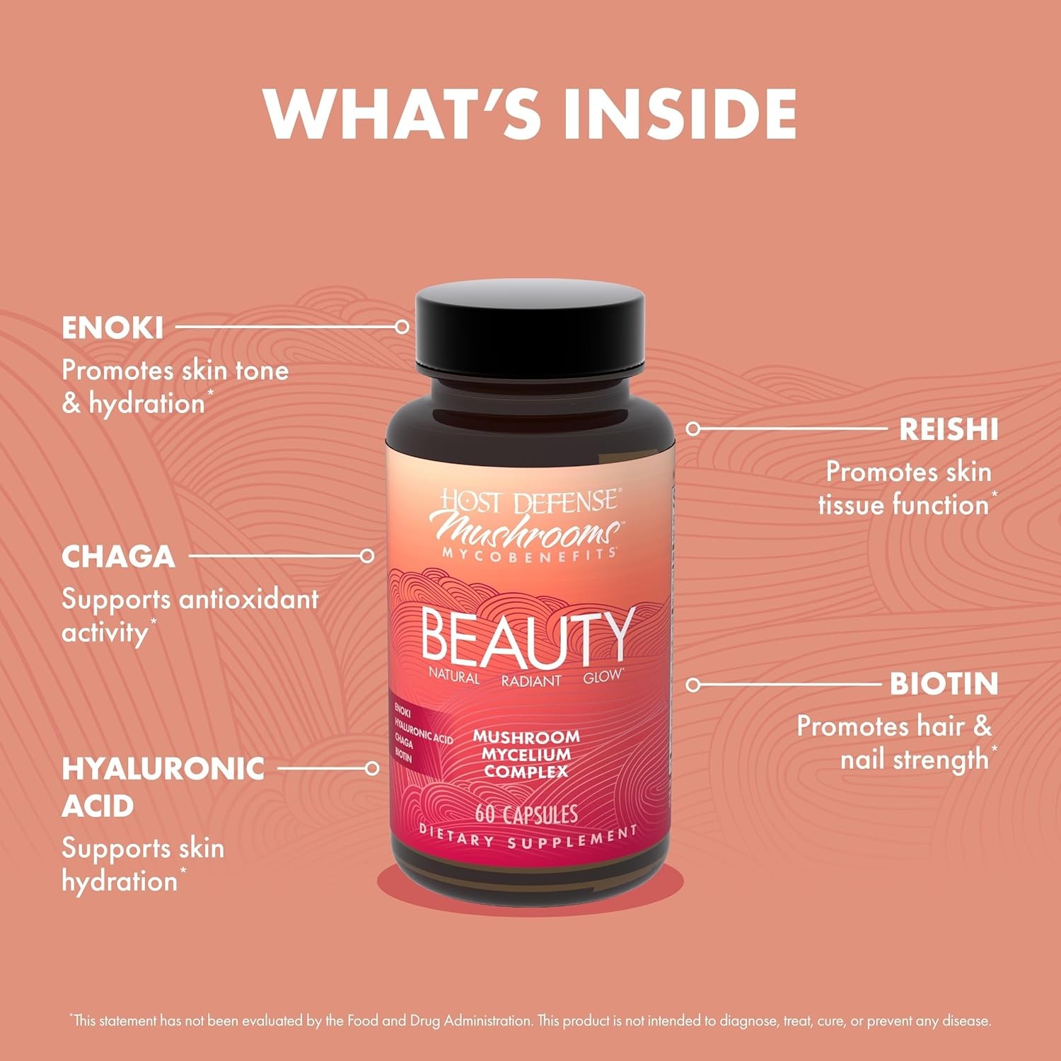 Host Defense MycoBenefitsBeauty,Biotin&HyaluronicAcid,Hair/Nail/Skin,60Caps