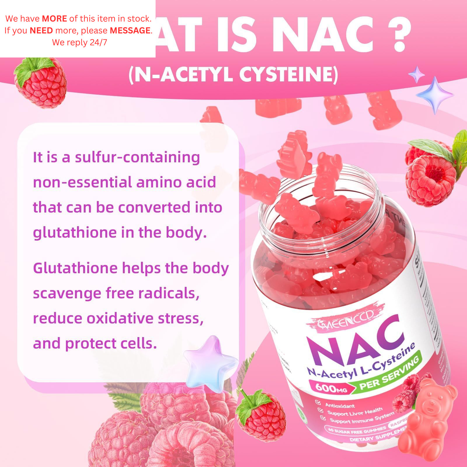 NAC Gummies, N Acetyl Cysteine 600mg, 60 Count (Pack of 1)