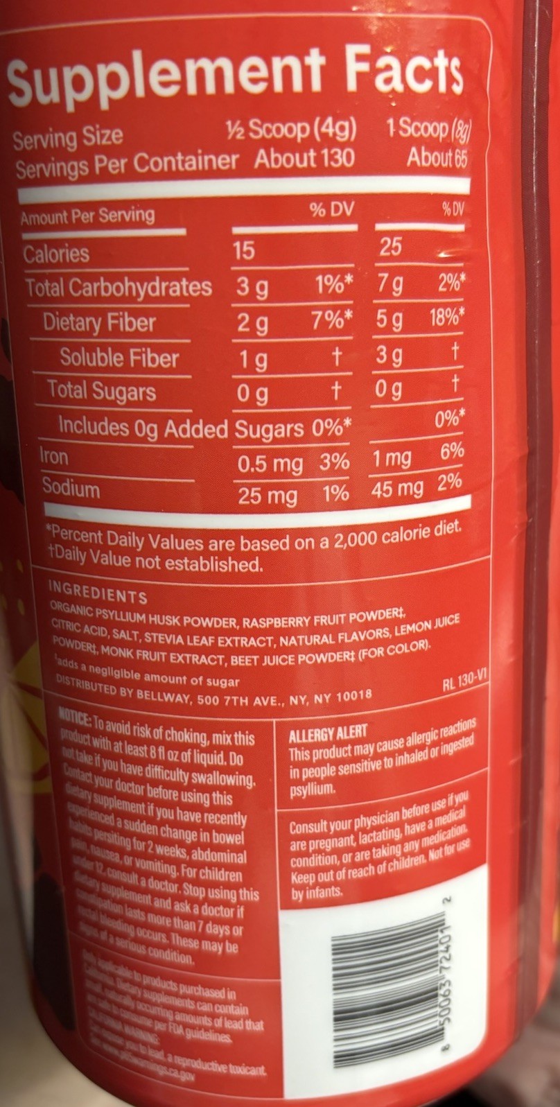 Bellway Super Fiber + Fruit Psyllium Supplement Raspberry Lemon Drink 13.8oz NEW