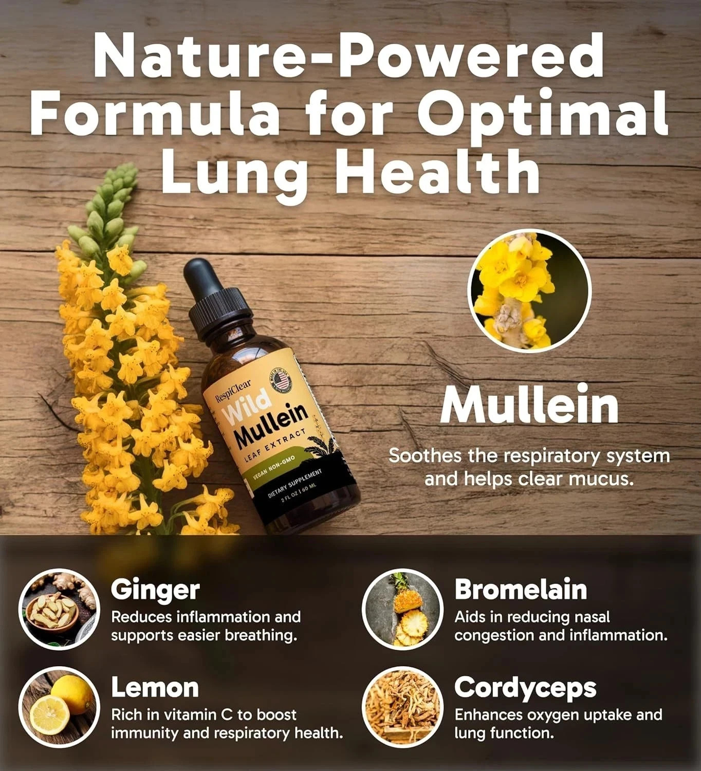 Wild RespiClear Mullein Leaf Extract Liquid Drops Vegan Non-GMO Lemon 2 fl oz