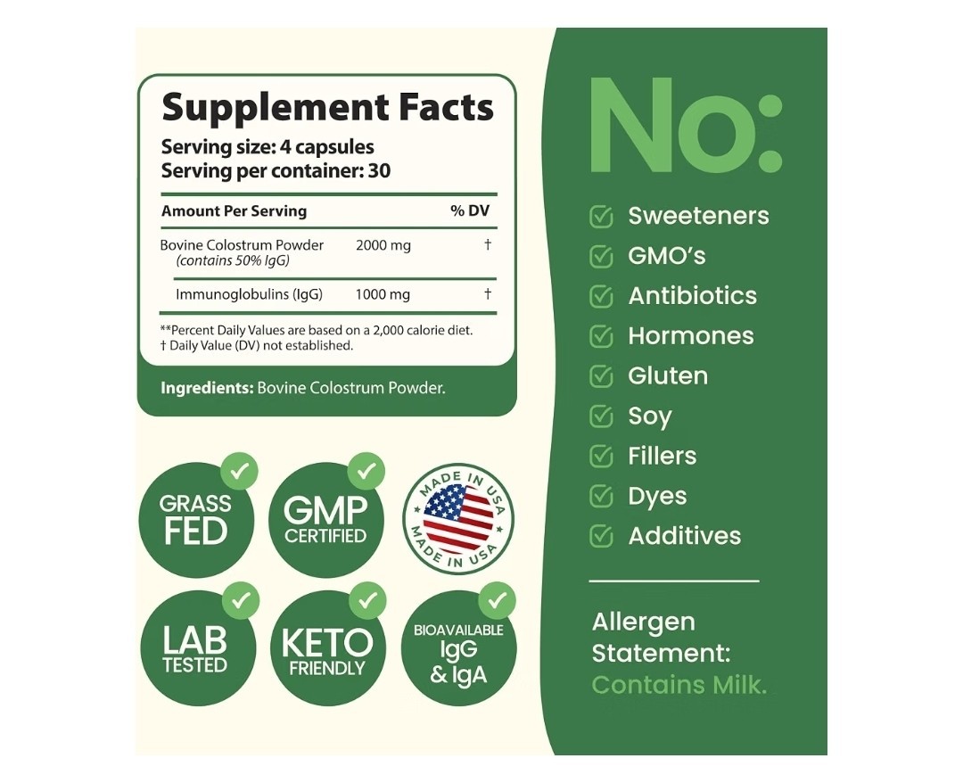 Immerse Health Grass Fed Colostrum 2000mg 120 Capsules Immune & Gut Support