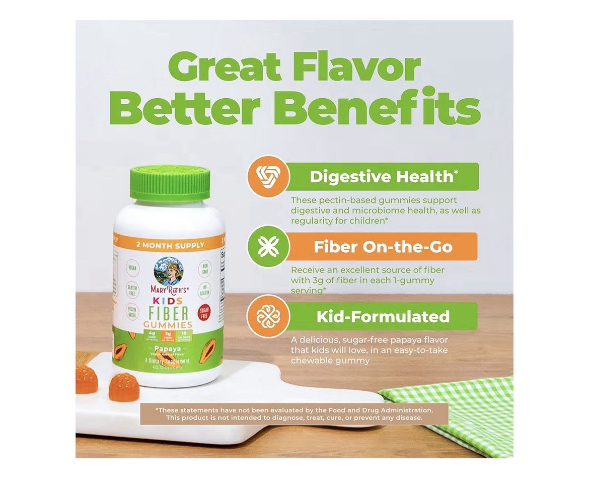 MaryRuth’s Kids Fiber Gummies Papaya, Digestive Support, Vegan Sugar Free 60ct