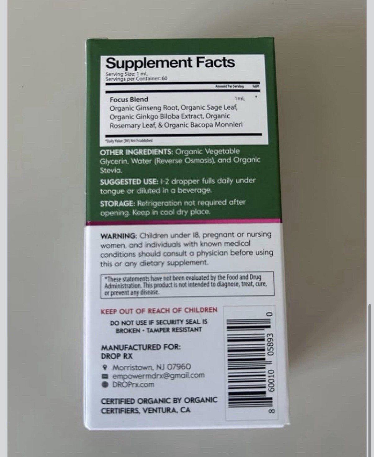 DropRx Focus Liquid Herbal Supplement 60 mL Mental Clarity Vegan Organic