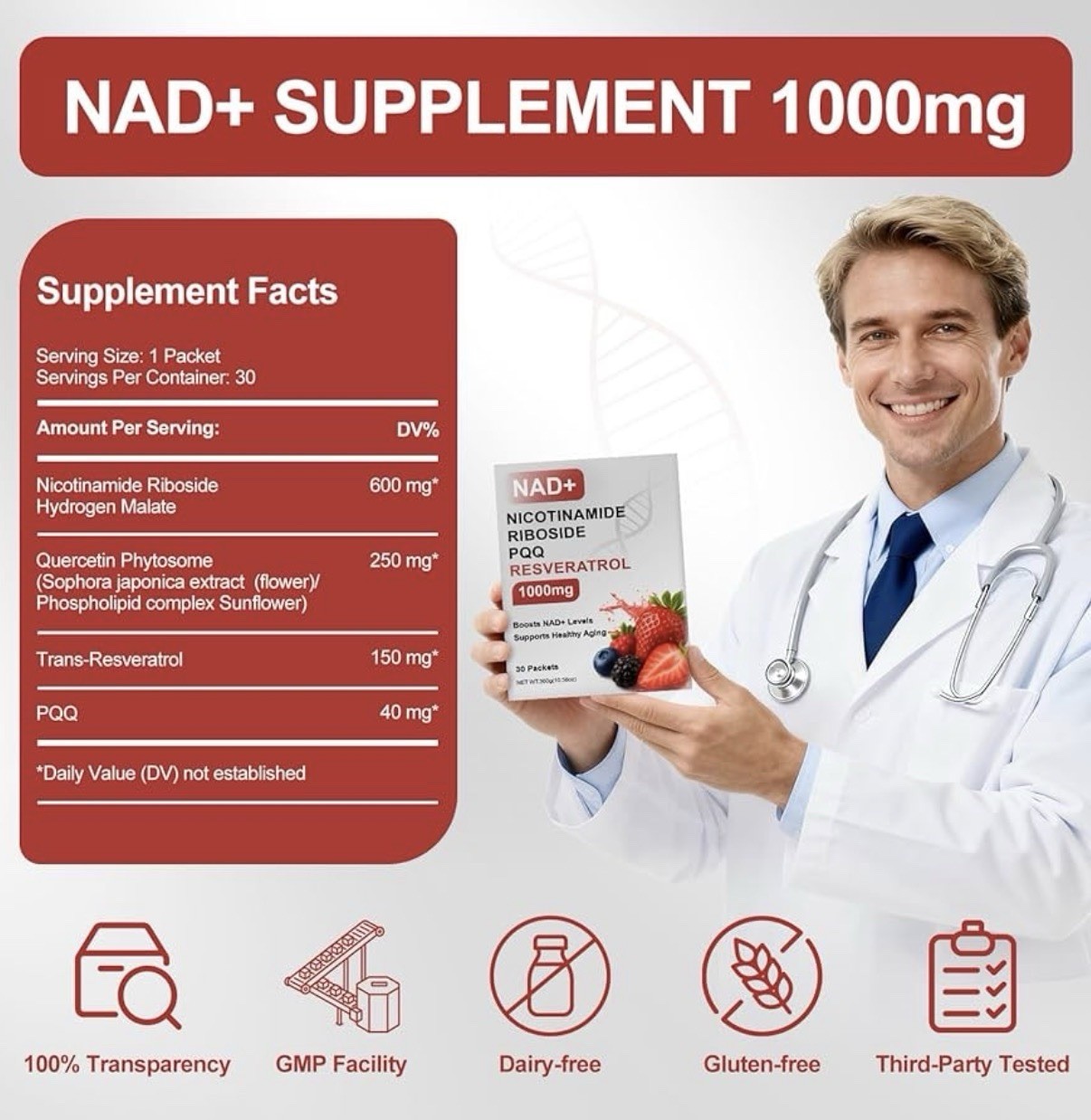 NAD+ Supplement 1000mg Nicotinamide Riboside PQQ Resveratrol Powder 30ct