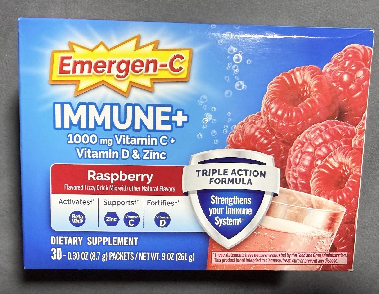 Emergen-C Immune+ Raspberry Drink Mix 30 Packets Vitamin C D Zinc Exp 07/2027