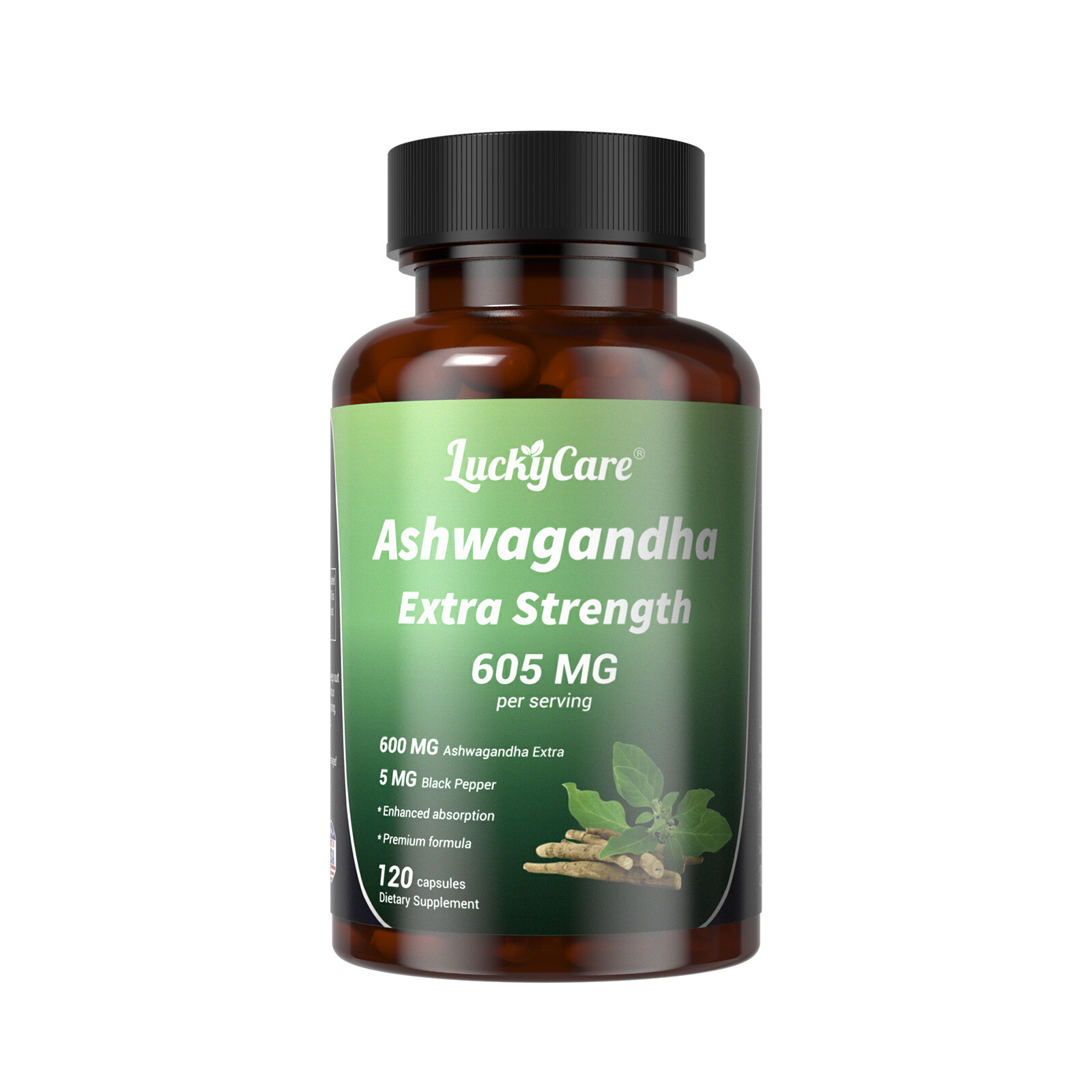 Ashwagandha Extra Organic Capsules Supplement Pepper Root Powder Non-GMO 605mg