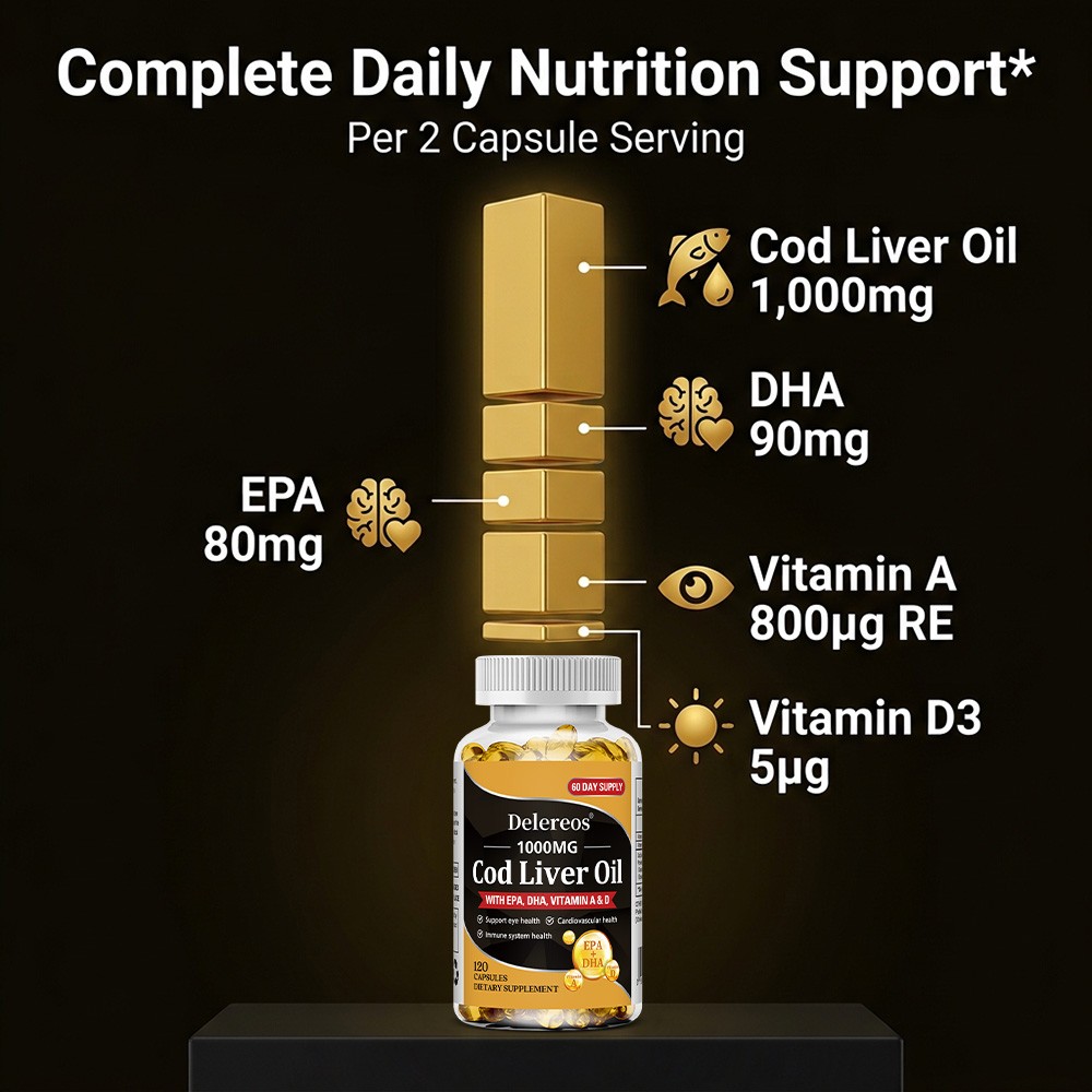 Cod Liver Oil 120 Caps with Omega-3, Vitamin A & D3,Nourish Eyes, Heart & Immune