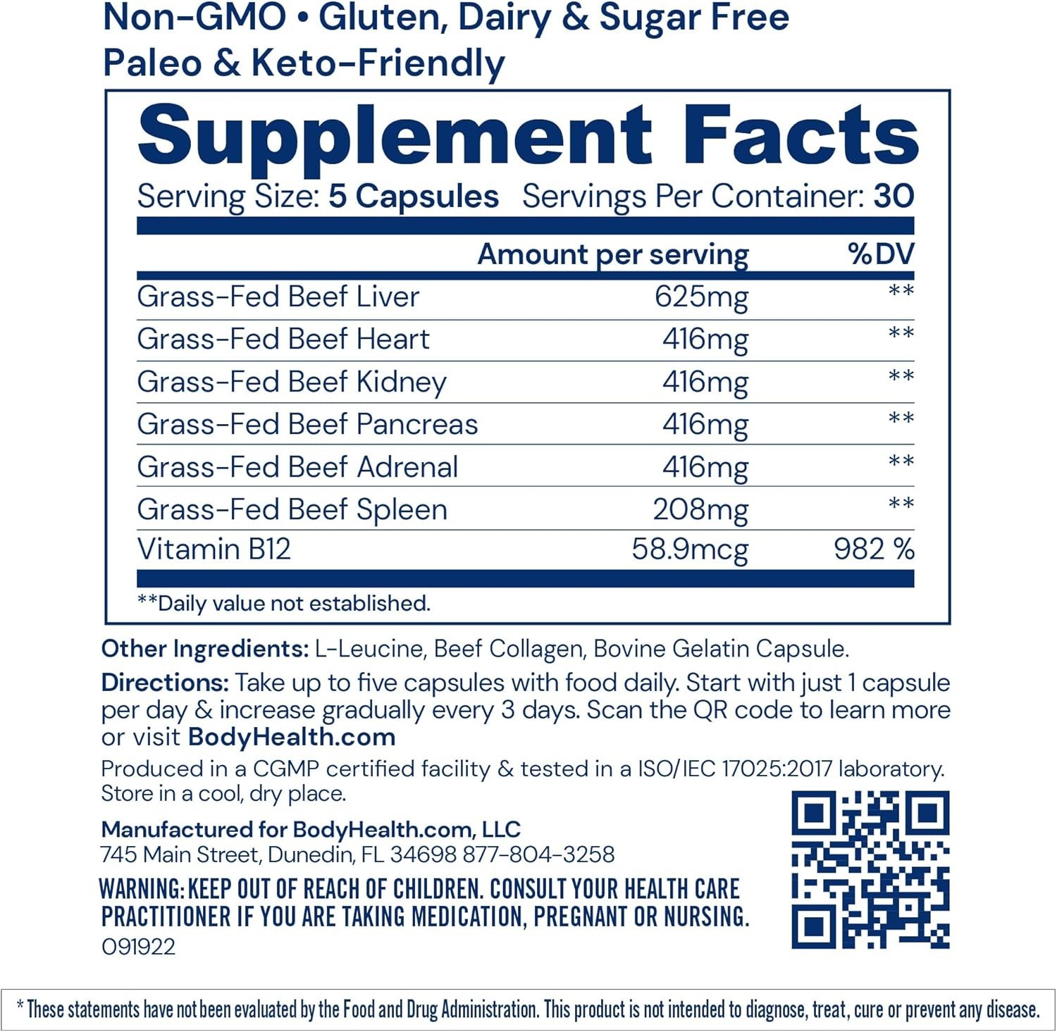 150 Caps x BodyHealth Organ+ Grass-Fed Beef Organ Supplement Liver Heart Kidney