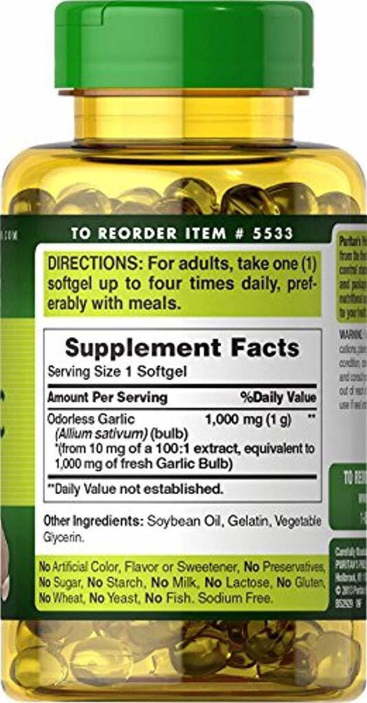 Puritans Pride Odorless Garlic 1000 mg Rapid Release Softgels, 250 Count