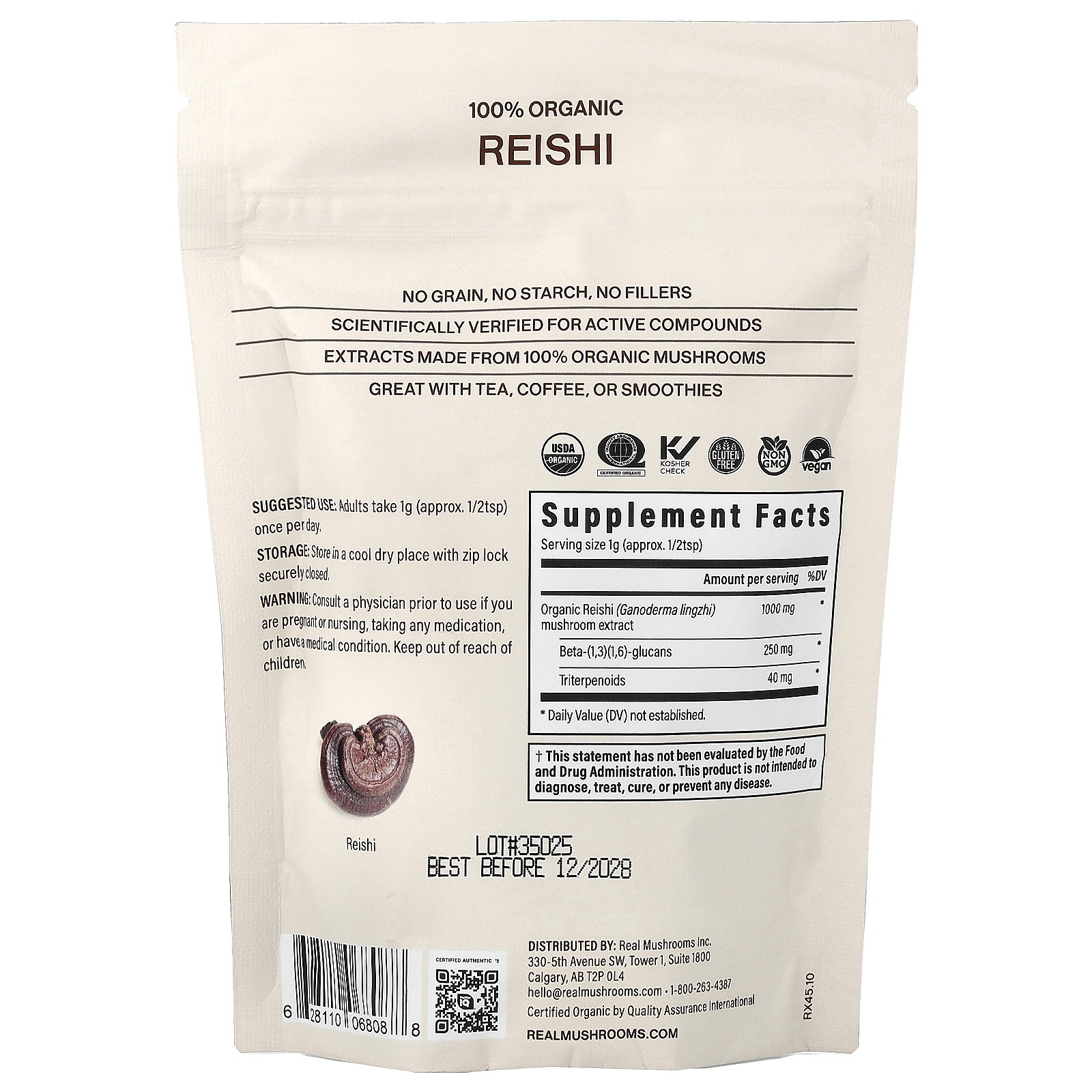 Reishi, Organic Mushroom Extract Powder, 1.59 oz (45 gm)