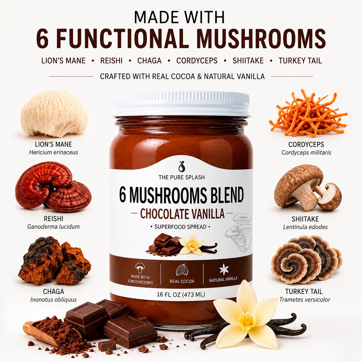 Chocolate Vanilla 6 Mushroom Blend Superfood Spread | Lion’s Mane Reishi 16 oz