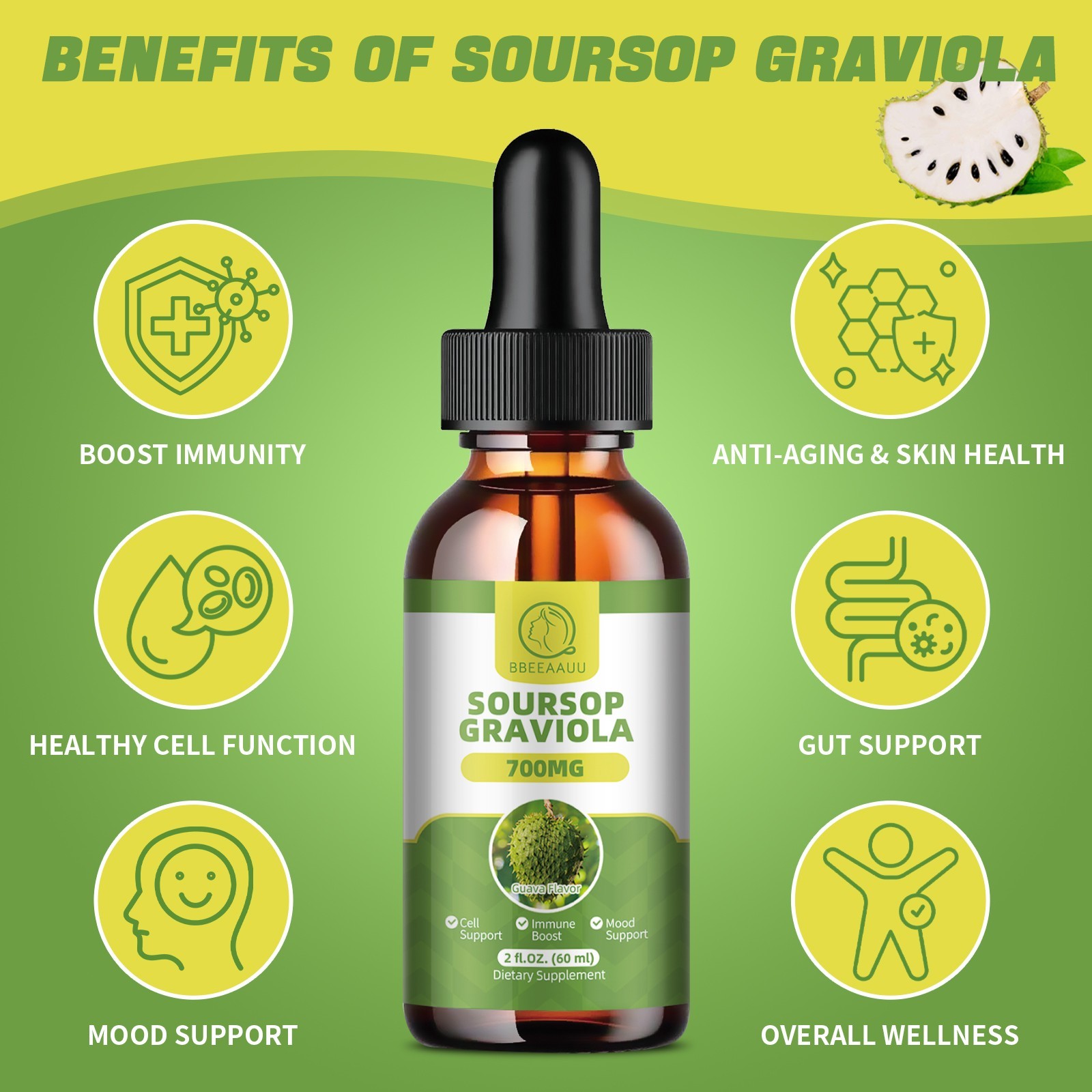 Pure Soursop Graviola Extract Liquid Drops Support Regeneration, Immune Boost