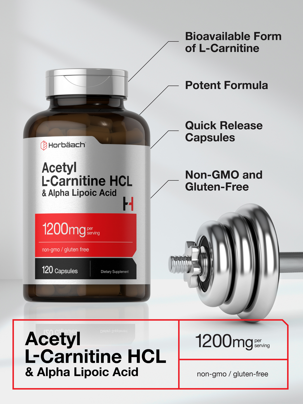 Acetyl L Carnitine HCL & Alpha Lipoic Acid 1200mg | 120 Capsules | by Horbaach
