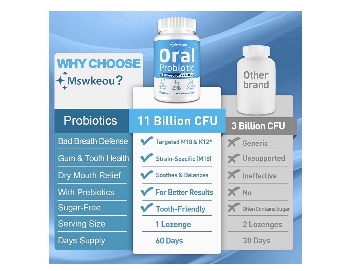 2 Packs Mswkeou Oral Probiotics for Mouth Bad Breath for Adults 11 Billion CFU