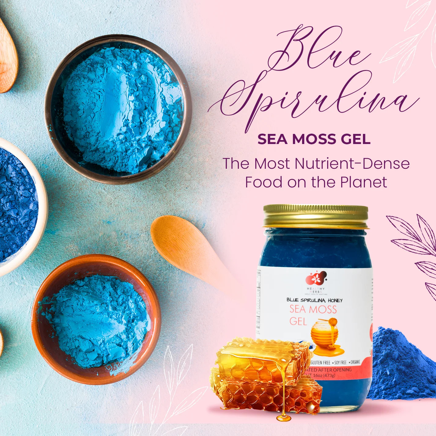 Healthy Herbs | Sea Moss Gel – Blue Spirulina and Honey (16oz)