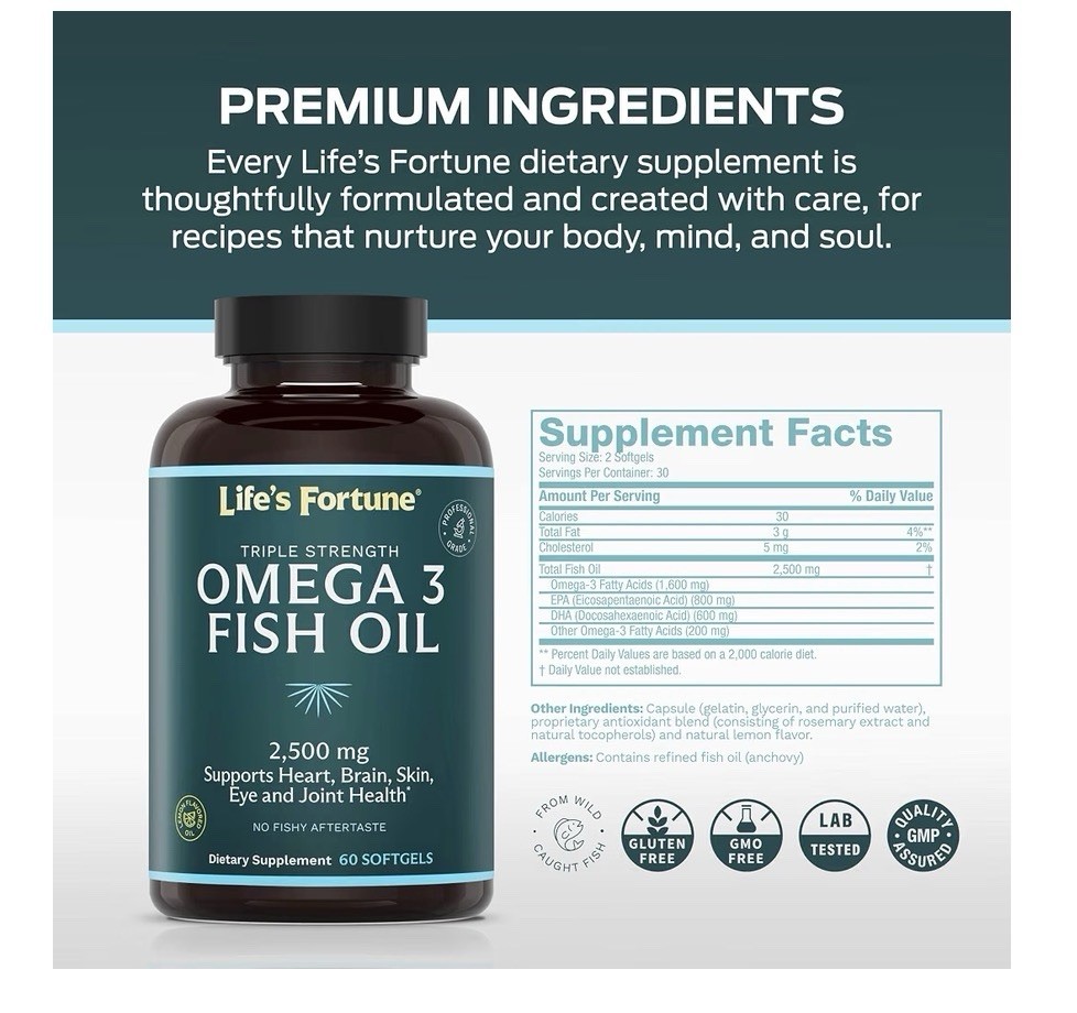 Life’s Fortune Omega 3 Fish Oil 2500 mg Heart Brain Skin Eye Joint Health 60sgel