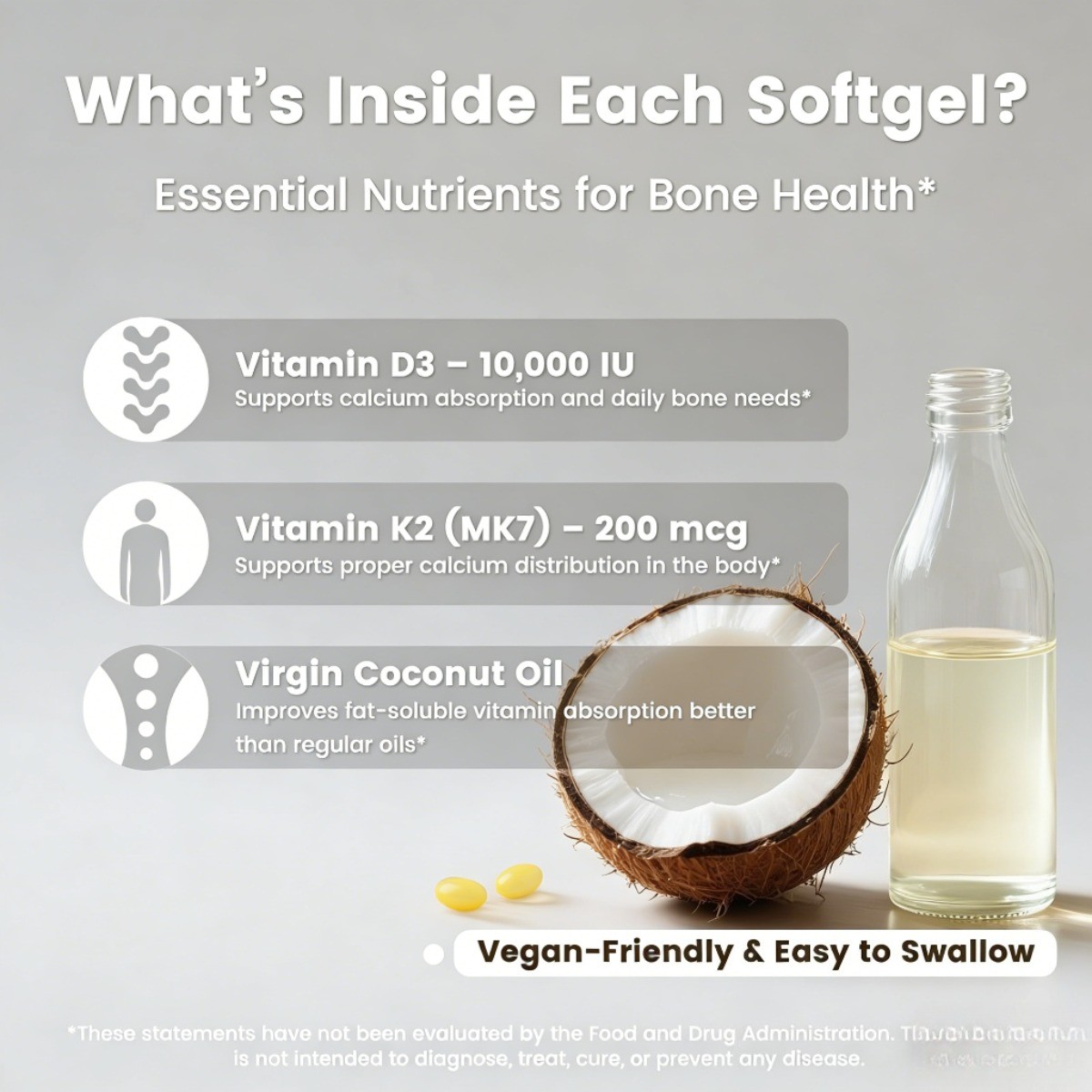 VEV Vitamin D3 & K2 10000 IU.300 Coconut Oil Softgels, 2-in-1