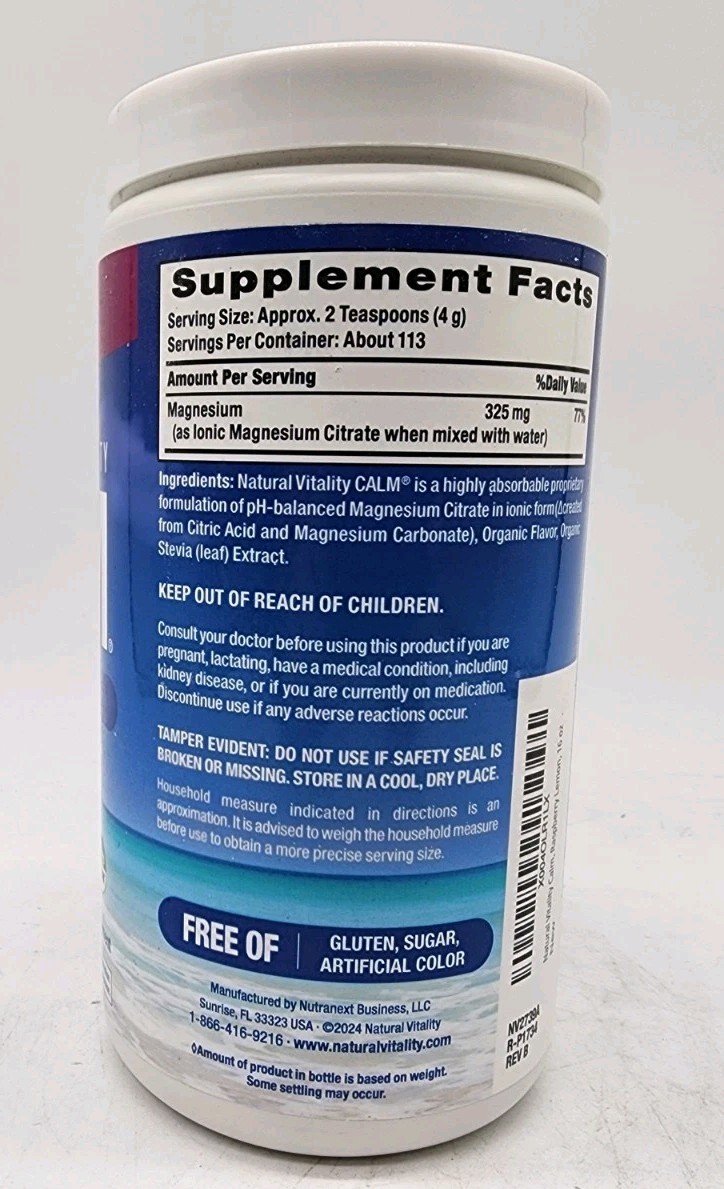 Natural Vitality Calm Magnesium Citrate Powder 16oz Raspberry Lemon EXP 2028