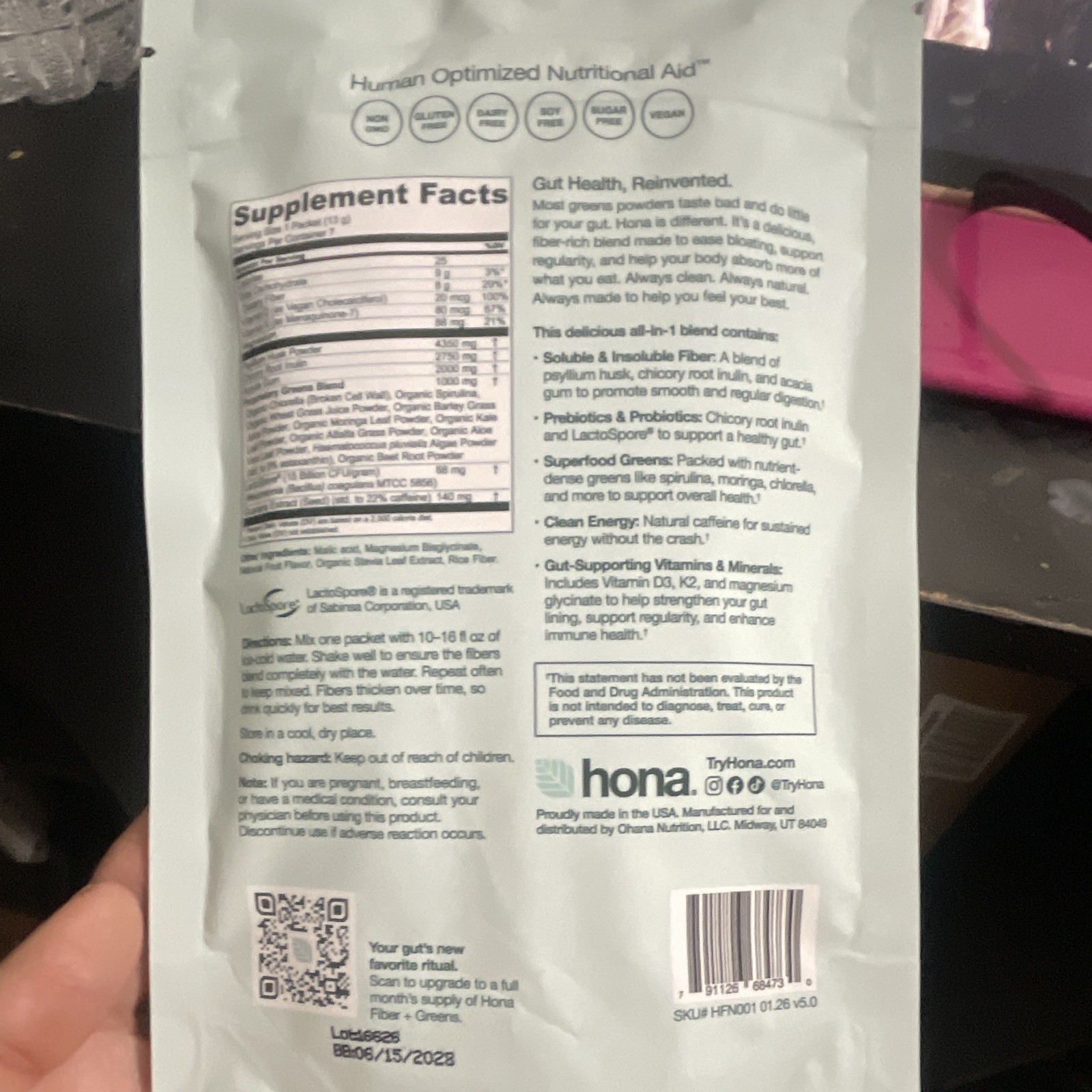 Hona Fiber + Greens Superfood Blend Powder Pineapple Vegan 3.2 oz
