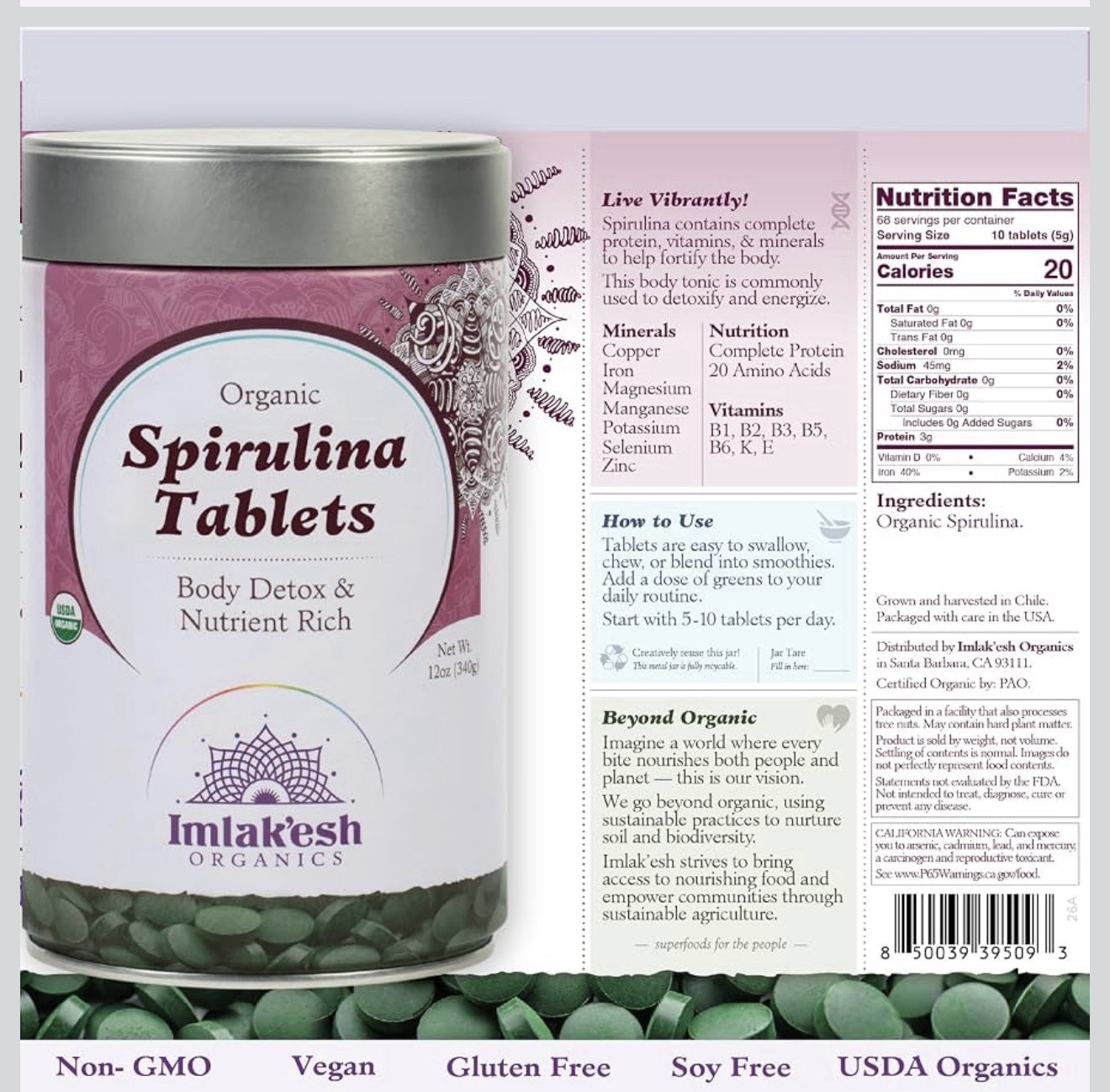 Imlak’esh Organics Organic Spirulina Tablets 340g 60ct Detox Vegan USDA