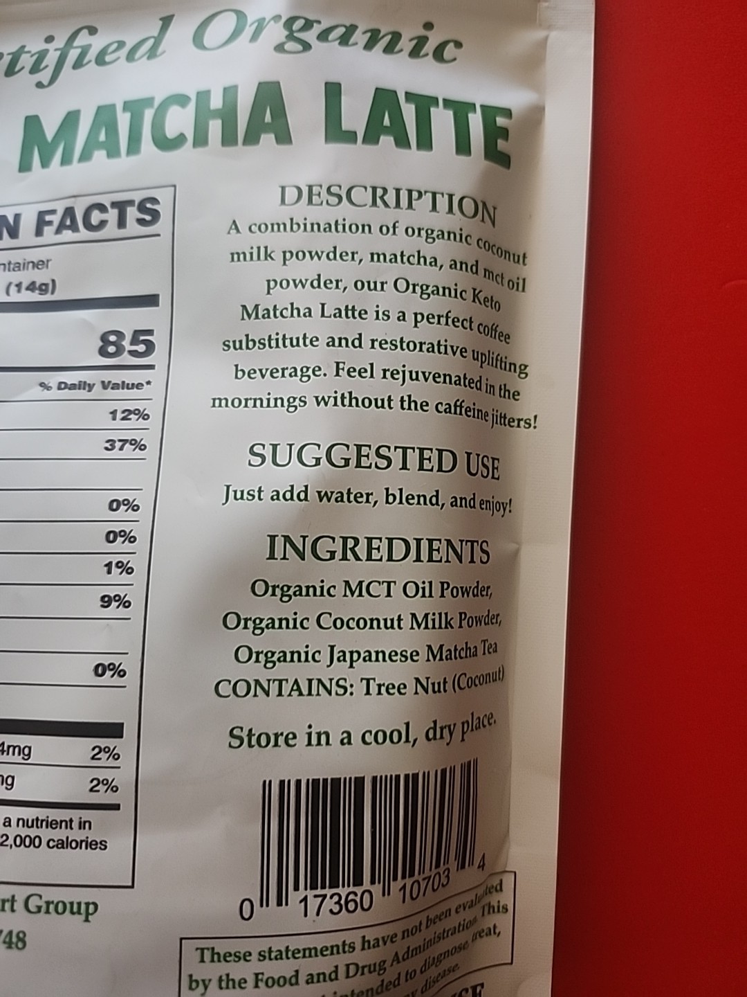 KETO MATCHA LATTE WITH MCT OIL POWDER GLUTEN FREE, NON GMO