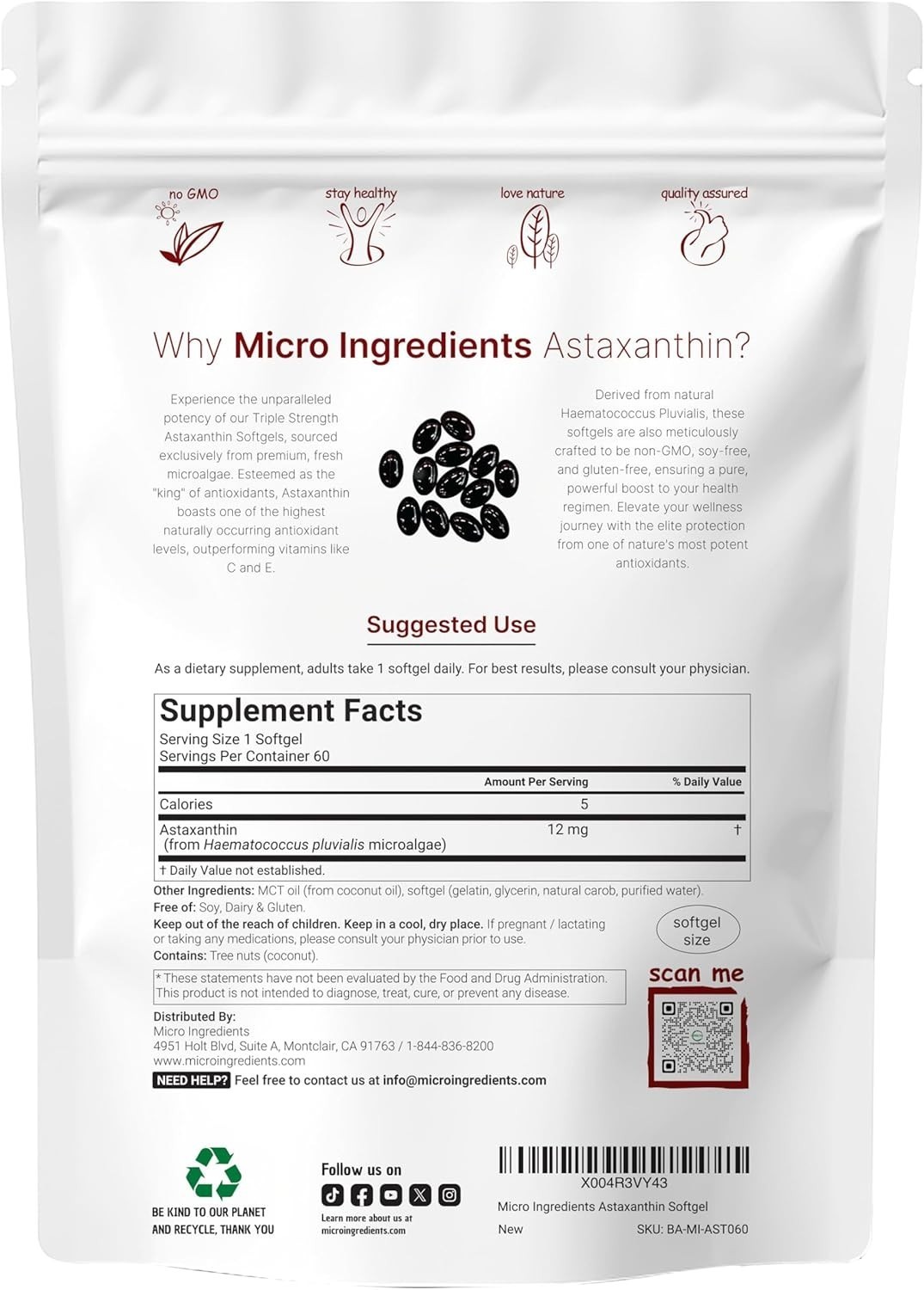 Astaxanthin 12mg 120gels Fresh Microalgae Source Antioxidant/Skin/Eye/Joint