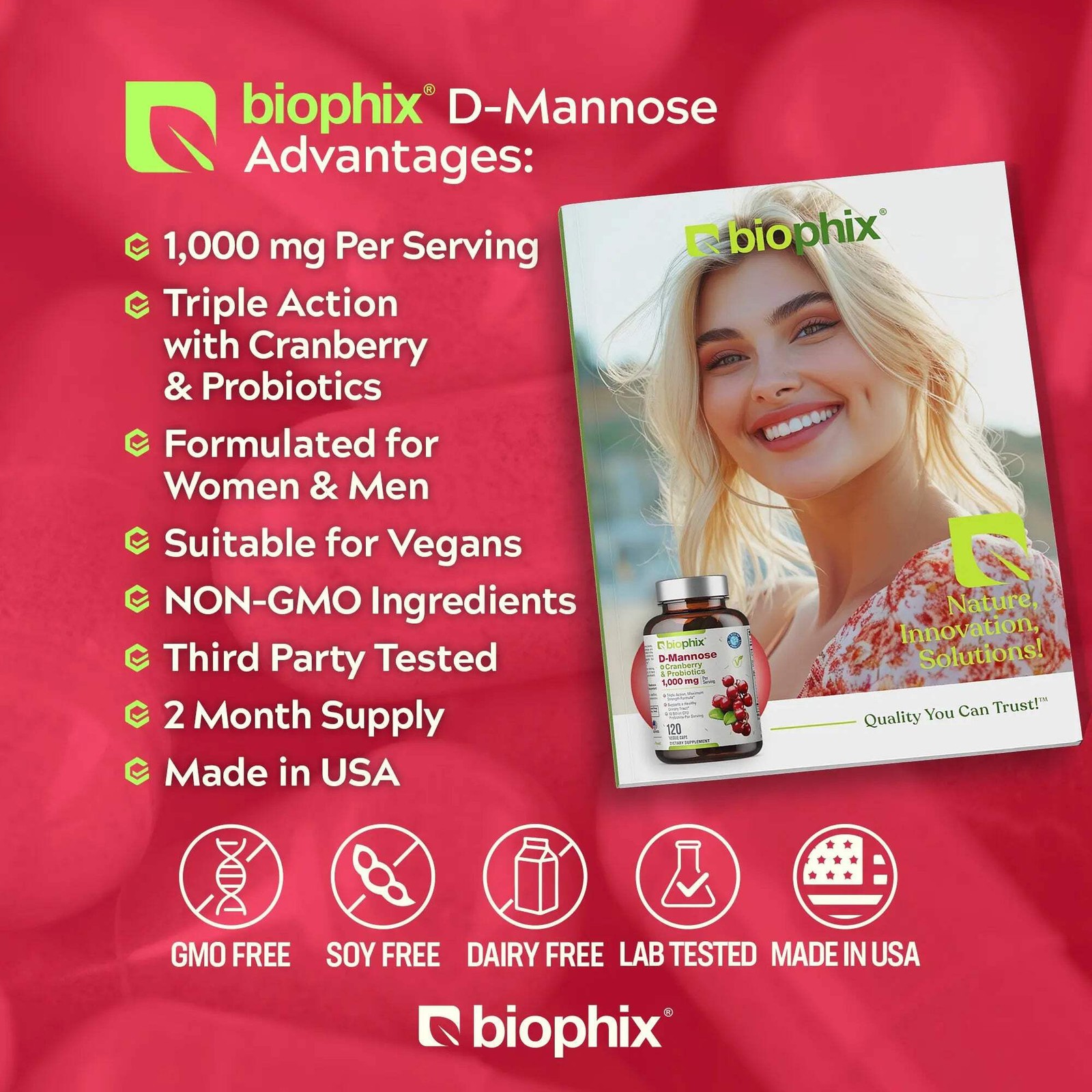 Biophix D-Mannose Plus Cranberry and Probiotics 1000 mg 120 Vegetarian Capsules