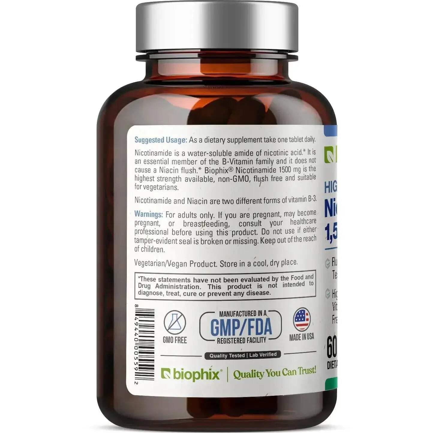 Biophix Nicotinamide Vitamin B-3 Flush Free 1500 mg 60 Sustained Release Tablets
