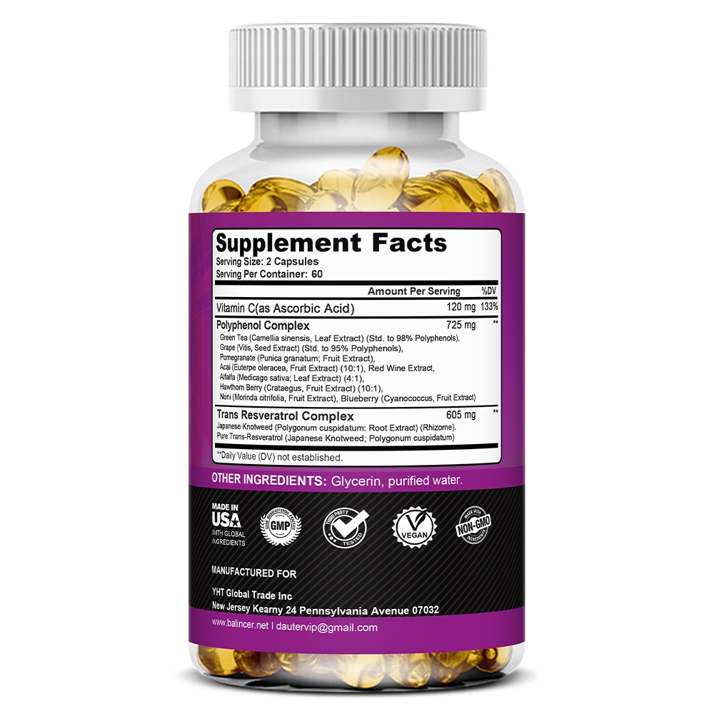 Resveratrol Antioxidant Supplement Vitamin C 605 mg for Heart Skin Brain Health