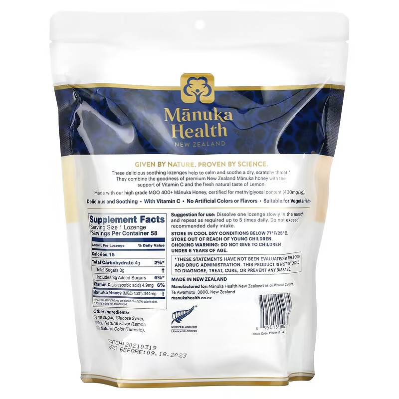 Manuka Health Manuka Honey Lemon Throat Lozenges Cough Drops 58 Lozenges