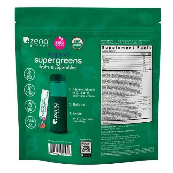 Zena Organic Supergreens Fruits Vegetables Powder 45 Stick Packs Mixed Berry