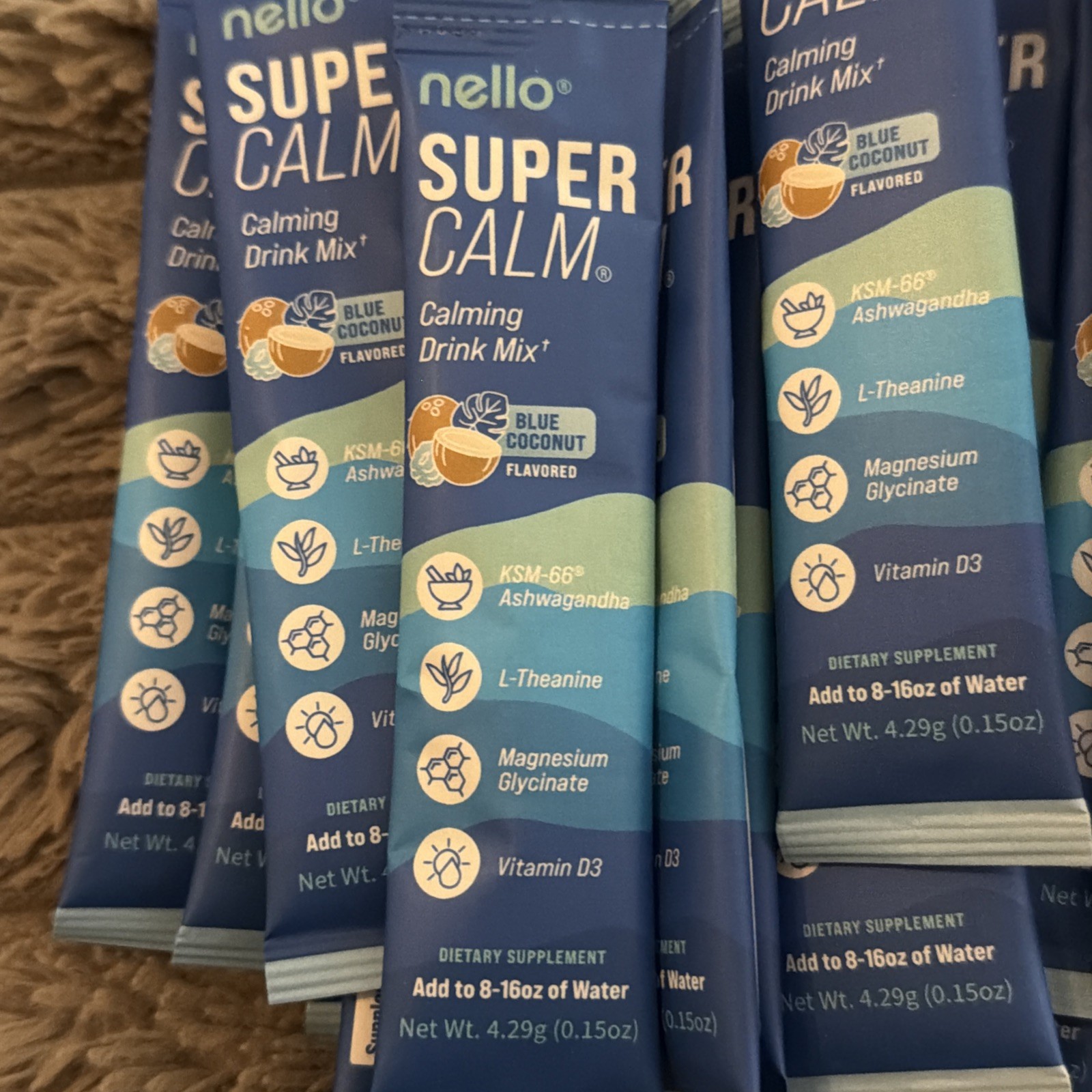 Nello Supercalm Calming Drink Mix Supplement – Blue Coconut – 24 Count EXP 08/27