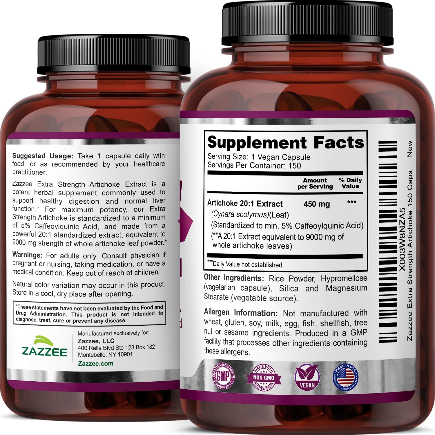 Zazzee Extra Strength Artichoke 20:1 Extract, 5% 150 Count (Pack of 1)