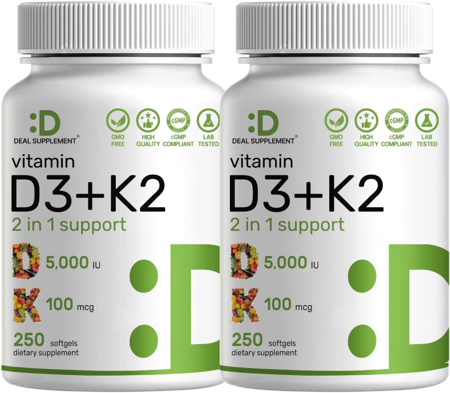 DEAL SUPPLEMENT Vitamin IU 5,000 D3 + K2 MK7 Softgels,250 Count | 2-in-1 Complex