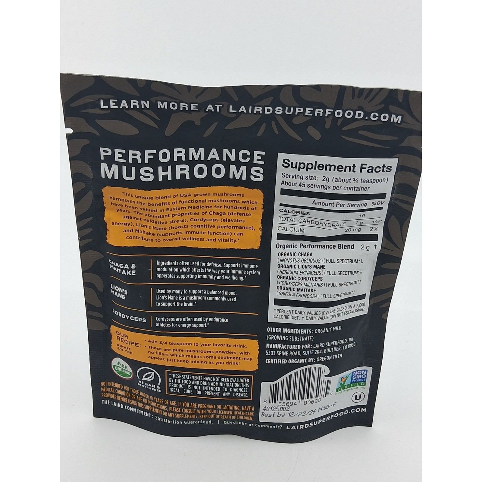 Laird Superfood Performance Mushrooms Powder – 3.17 oz, 45 servings BB 12/2026