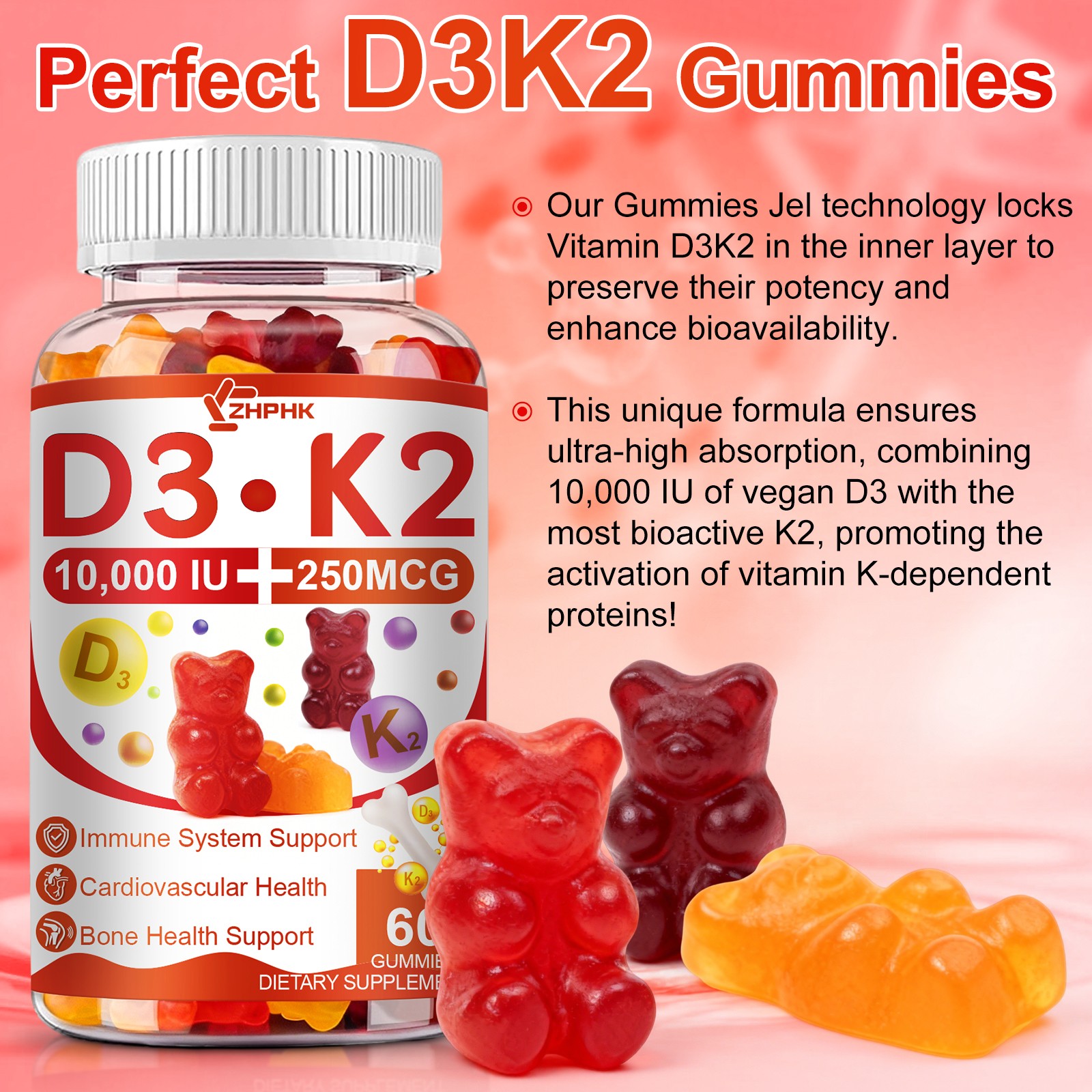 D3 10000 IU K2 250mcg 60 Gummies Immune system support Bone Health Support