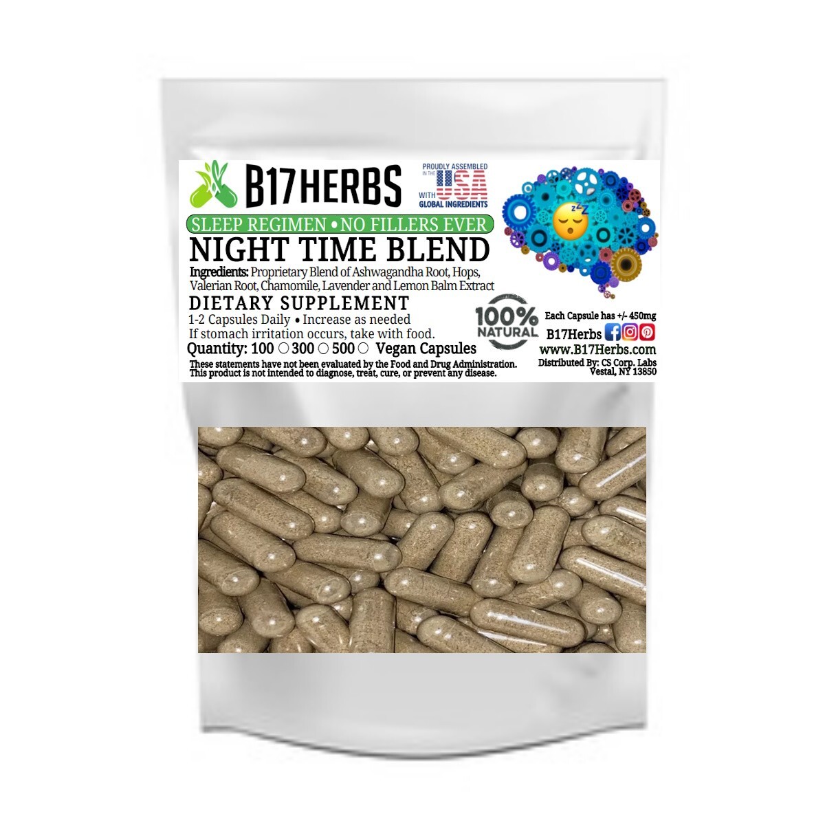 Sleep and Night Time Blend – 100 pcs Calming Relaxing Veggie Capsules, 500mg