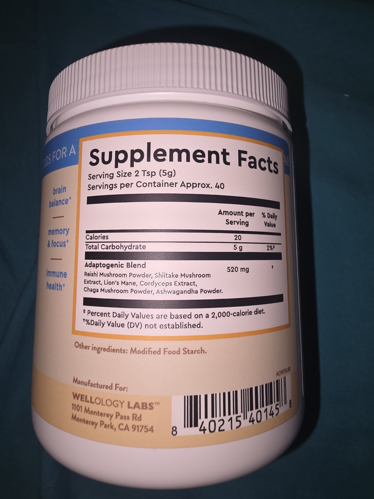 Wellology Labs Mushrooms & Adaptogens Powder Immune Focus Vegan 7oz 198g