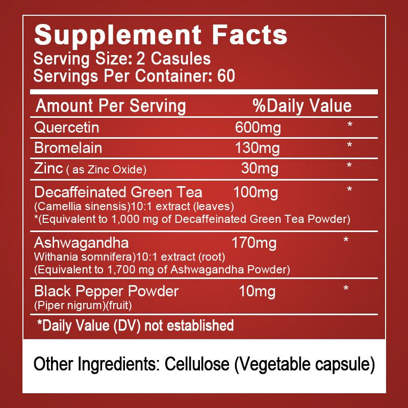 Quercetin with Bromelain & Zinc 1000mg per Serving, 120 Vegetarian Capsules