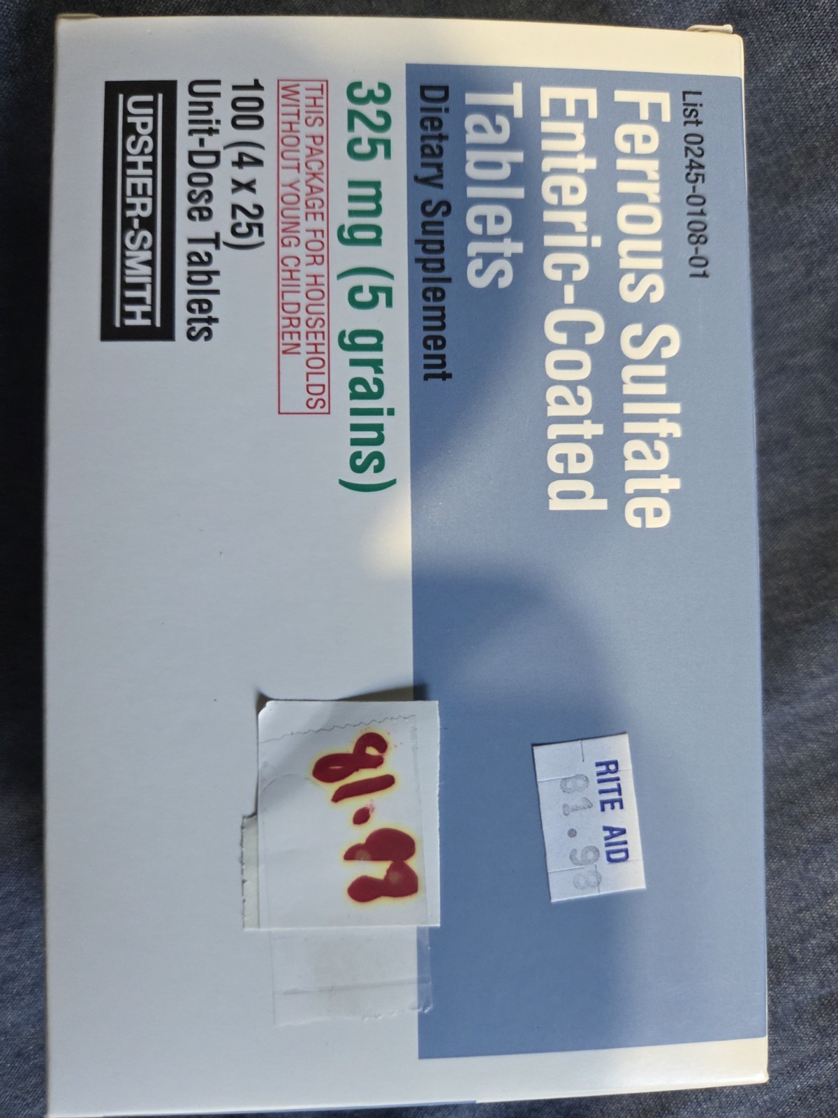 Upsher Smith Ferrous Sulfate 325mg Dietary Supplement Blood Health Tablet 100ct