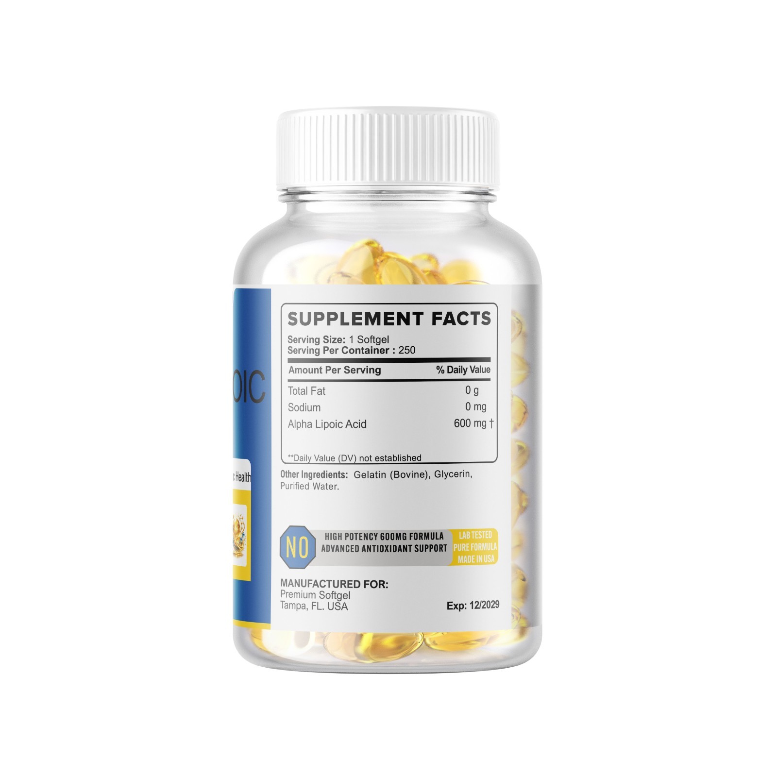 Alpha Lipoic Acid – 600mg Per Serving – 250 Softgels 250 Servings