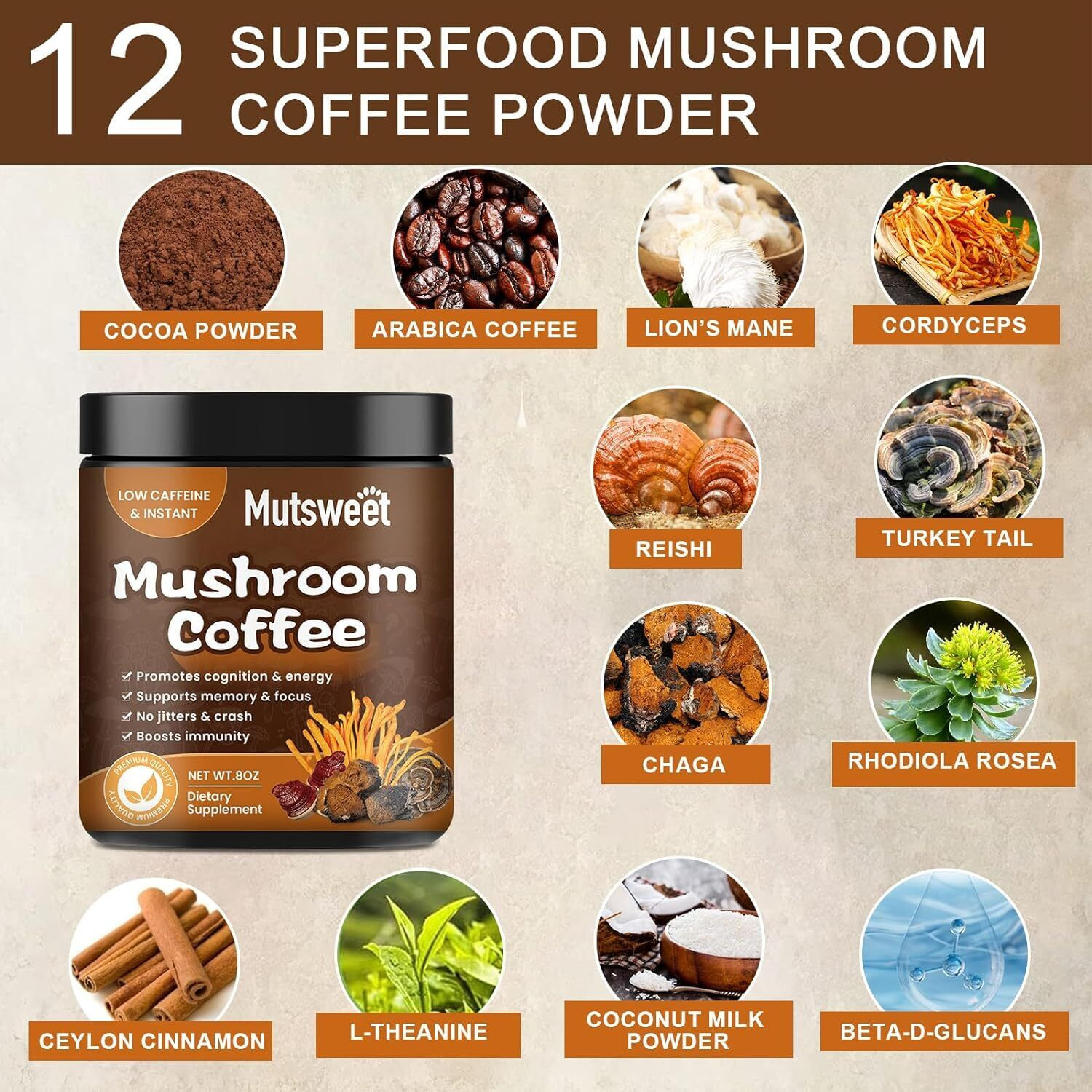 Organic Mushroom Coffee with Lion’s Mane & Chaga – Instant Powder Brain & Memory