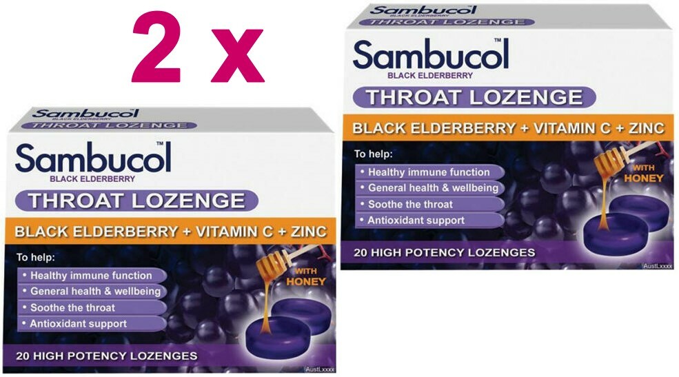 2 x Sambucol Black Elderberry Throat Lozenges 20 + Vitamin C, Zinc & Honey